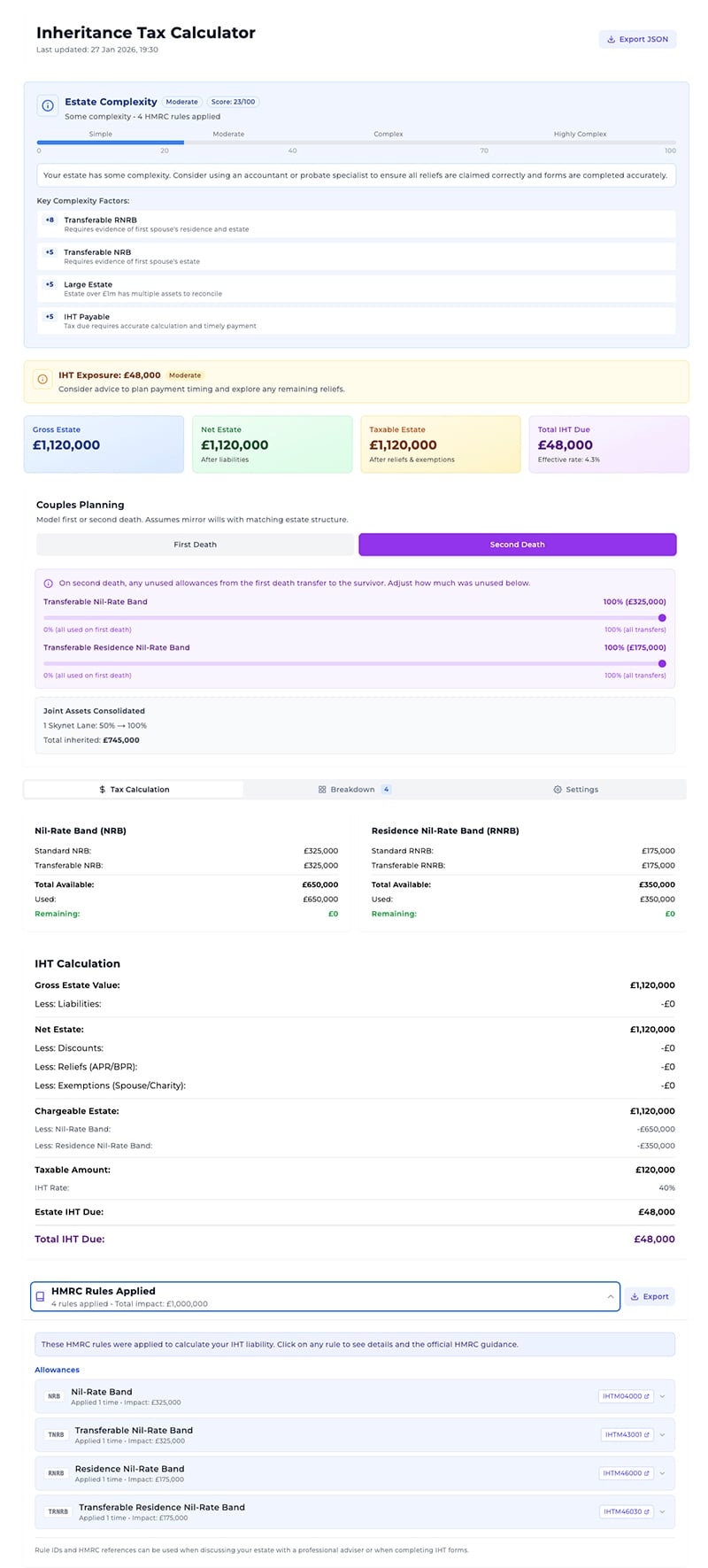 Example inheritance tax calculation showing estate breakdown, allowances applied, and IHT due