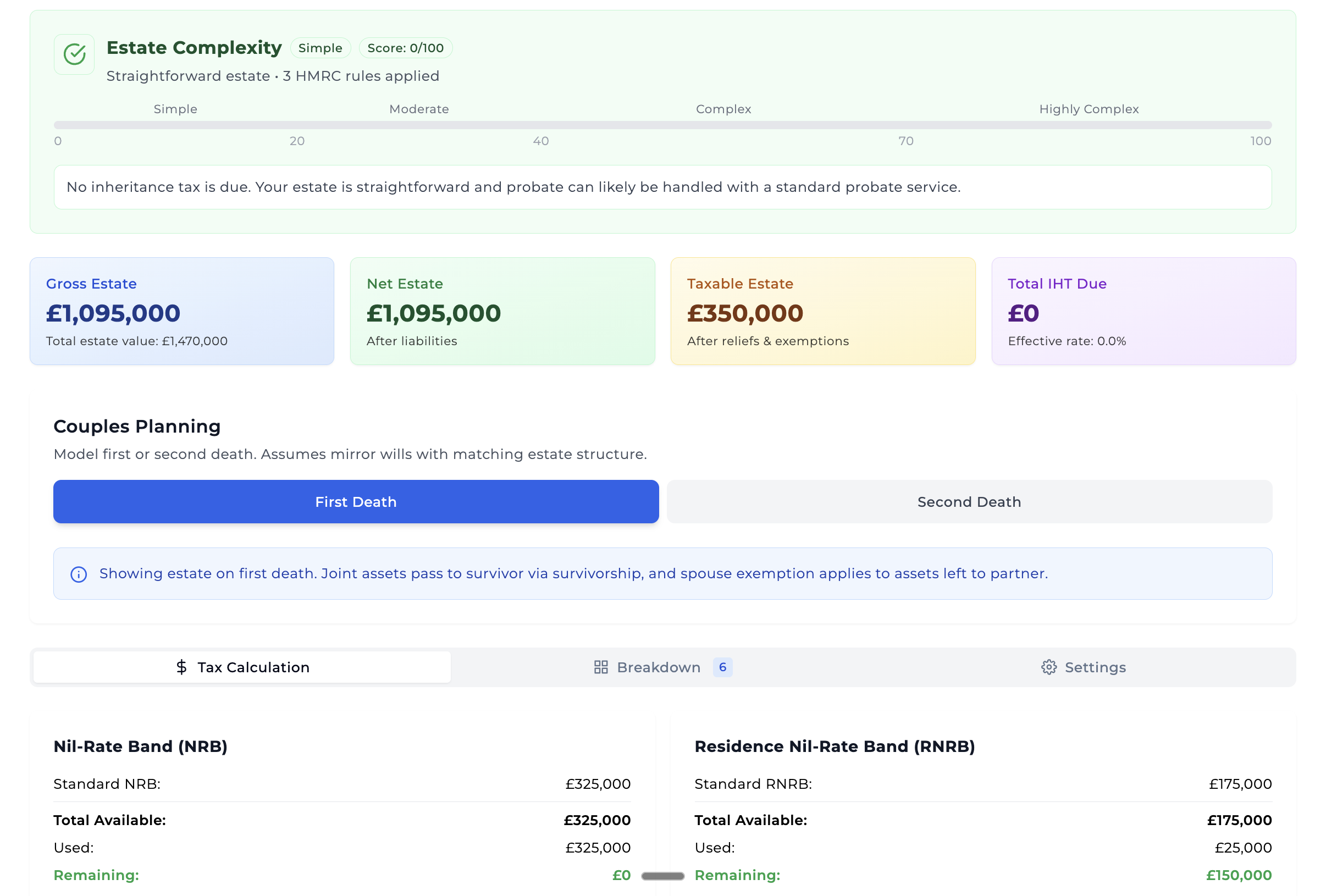 Inheritance Tax calculator showing estate tax estimate