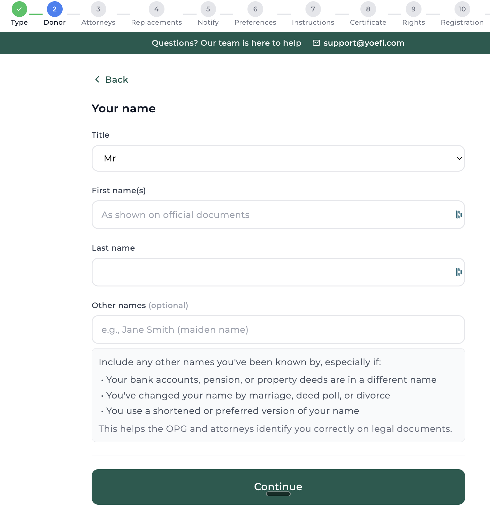 LPA wizard step showing plain English questions